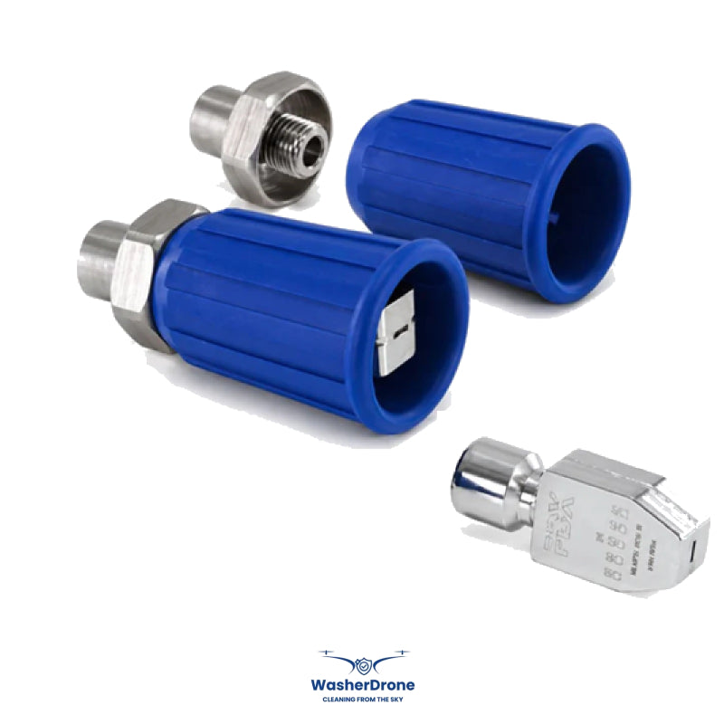 WasherDrone SweepJet Turbo Nozzle with blue polymer protective sleeve